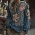 Men's Retro Floral Embroidered Comfy Linen V Neck Shirt elevenforest