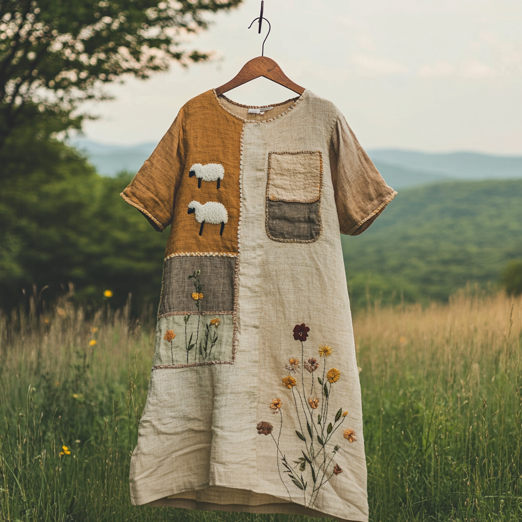 Sheep Floral Patchwork-print Linen Midi Dress elevenforest