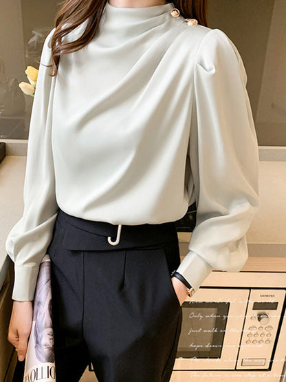 Loose Puff Sleeves Pleated Split-joint High Neck Blouses&shirts Tops