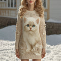 Comstylish Women's Vintage Cute Cat With Rose Art Cozy Knit Mini Sweater Dress