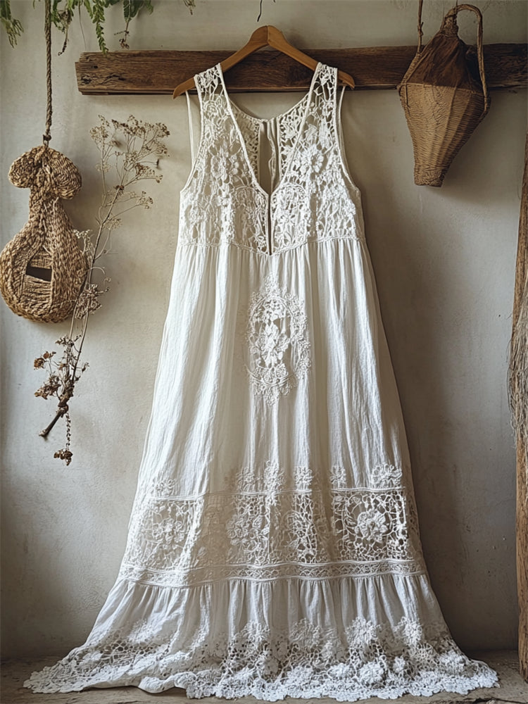 Boho Floral Hollow Lace Patchwork Linen Maxi Dress elevenforest
