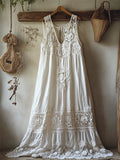 Boho Floral Hollow Lace Patchwork Linen Maxi Dress elevenforest