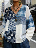 Comstylish Japanese Elements Patchwork Pattern V Neck Linen Tunic