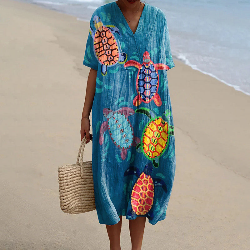 Comstylish Women's Resort Collection Watercolor Turtle Pattern Pattern Casual Flowy Midi Dress