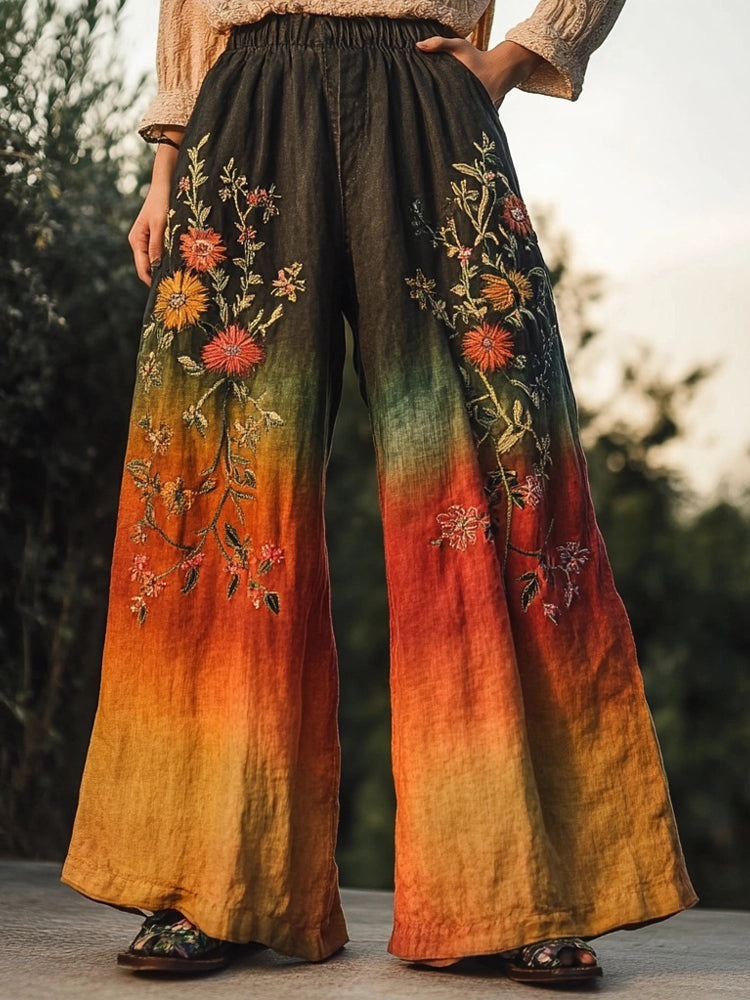 Vintage Boho Floral Embroidered Gradient Linen Pants elevenforest