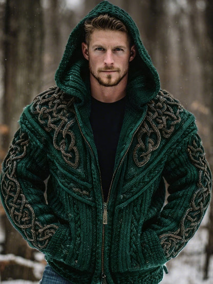 Men's Vintage Viking Celtic Knot Art Chunky Knit Hooded Zip-up Sweater artswardrobe
