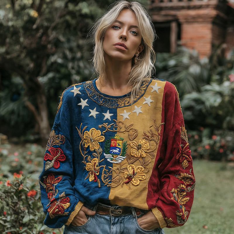 Women's Stand With Venezuela Inspired Venezuela Flag With Floral Art Comfy Linen Tops elevenforest
