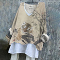 Comstylish Women's Cute Tiger With Pear Blossom Art V-neck Linen Blend T-shirt