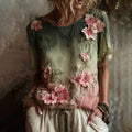 Vintage Cherry Blossom Gradient Art Pattern Linen T-shirt elevenforest