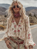 Women's Vacation Roses Print V-neck Linen Blend T-shirt elevenforest