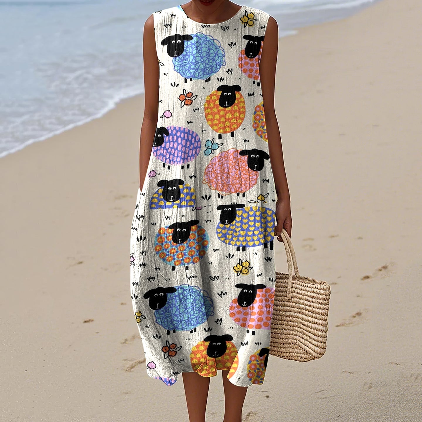 Women's Colorful Sheep Art Print Crew Neck Tank Midi Dress elevenforest