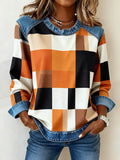 Women'S Casual Round Neck Denim Patchwork Plaid Print Pullover Sweatshirt 