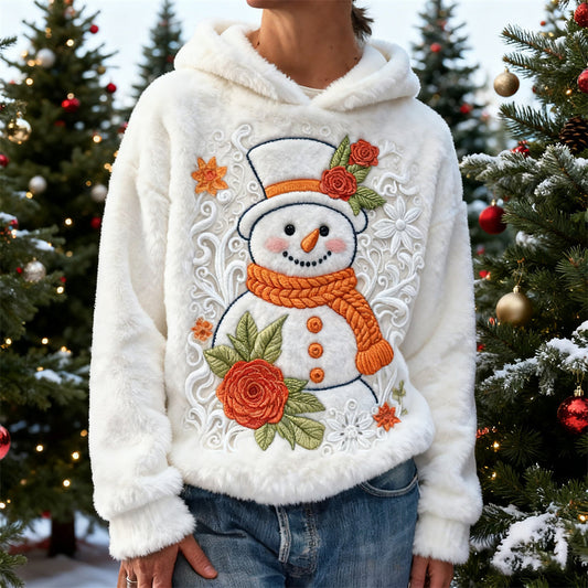 Comstylish Christmas Snowman Floral Embroidery Design Women's Flannel Hooded Sweater