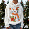Comstylish Christmas Snowman Floral Embroidery Design Women's Flannel Hooded Sweater