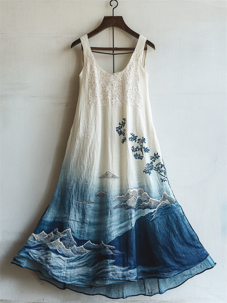 Japanese Sea Waves Ink Art Lace Patchwork Linen Dress elevenforest