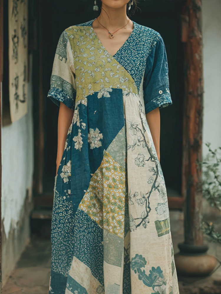 Japanese Art Retro Geometric Patchwork Plant Flower Print Women's V-neck Cotton And Linen Dress elevenforest