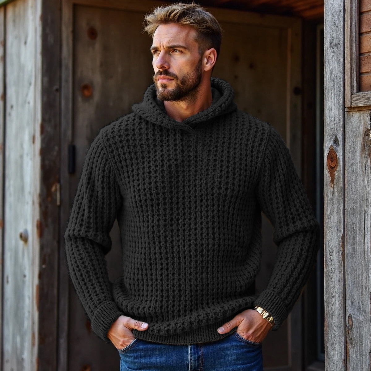 Men's Vintage Plaid Woven Solid Color Hooded Sweater elevenforest