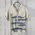 Vintage Japanese Fish Art Graphic Linen Blend Shirt elevenforest