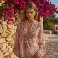 Vintage Boho Pink Roses Embroidered Flowy Linen Shirts elevenforest