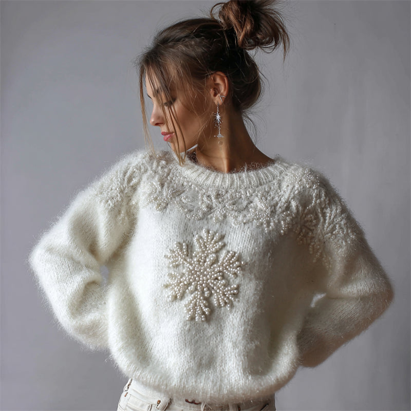 Classy Snowflakes Pearls Beaded Cozy Fuzzy Knit Sweater