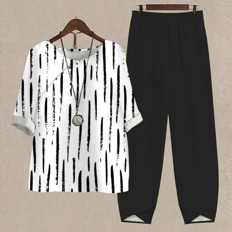 Black White Hand Painted Line Printing Loose Two-Piece Set elevenforest