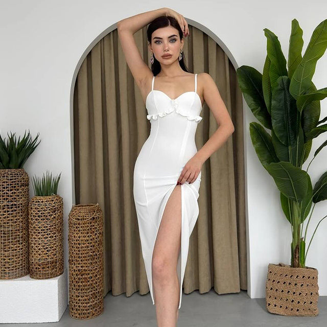 Summer ’s Dress Color Slit Camisole Skinny Ruffle Decoration Wedding Evening Party Outfit