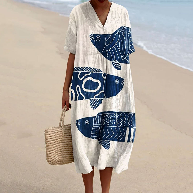 Women's Vintage Fish Art Print Casual Midi Dress elevenforest