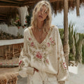 Women's Vintage Rose Floral Art Cozy V Neck Sweater elevenforest