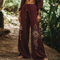 Vintage Bohemian Holiday Style Floral Art Printed Cotton Linen Wide Leg Pants elevenforest