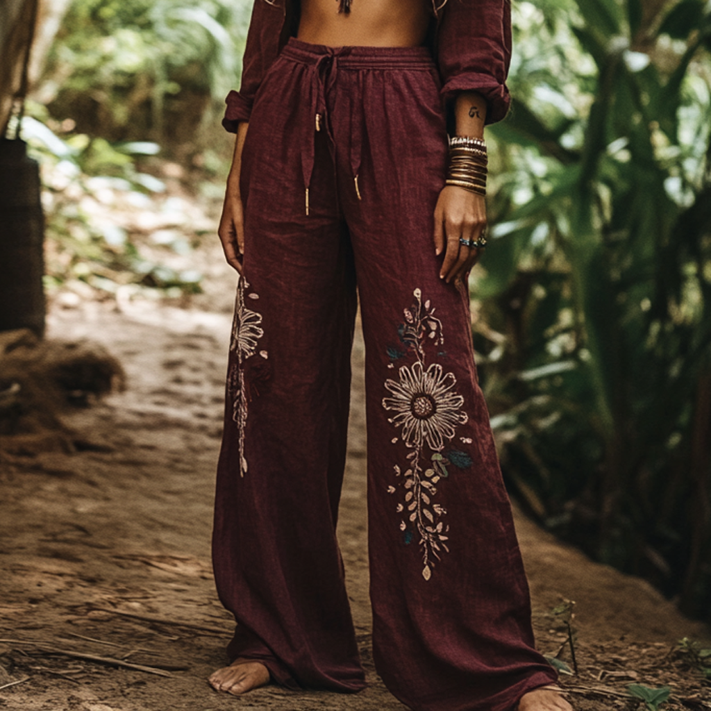 Vintage Bohemian Holiday Style Floral Art Printed Cotton Linen Wide Leg Pants elevenforest