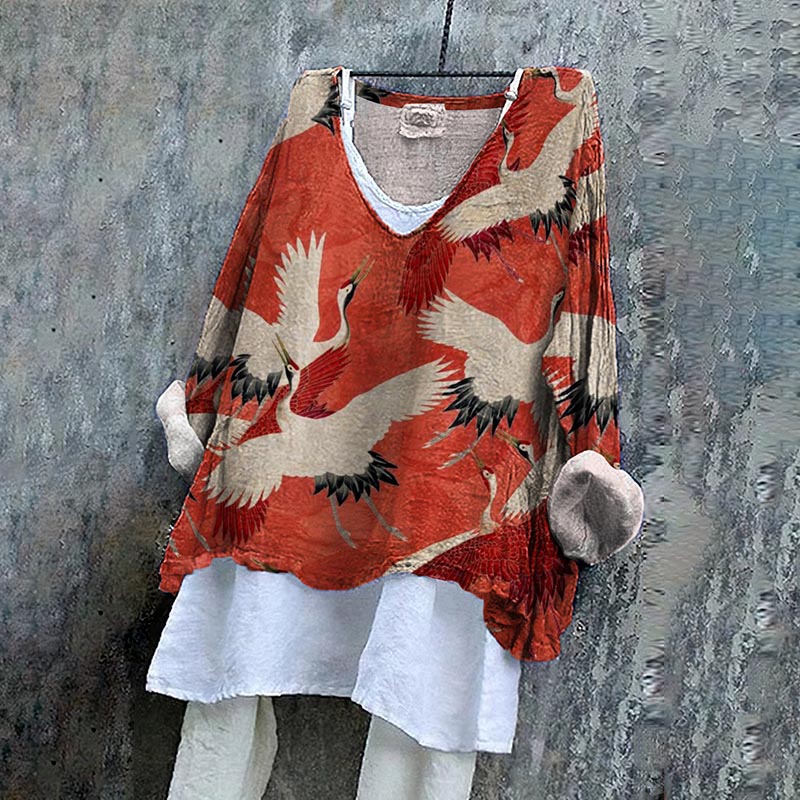 Comstylish Japanese Art Crane Print V-Neck Loose Blouse