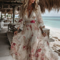 Vintage Rose Floral Embroidered V Neck Comfy Maxi Dress elevenforest