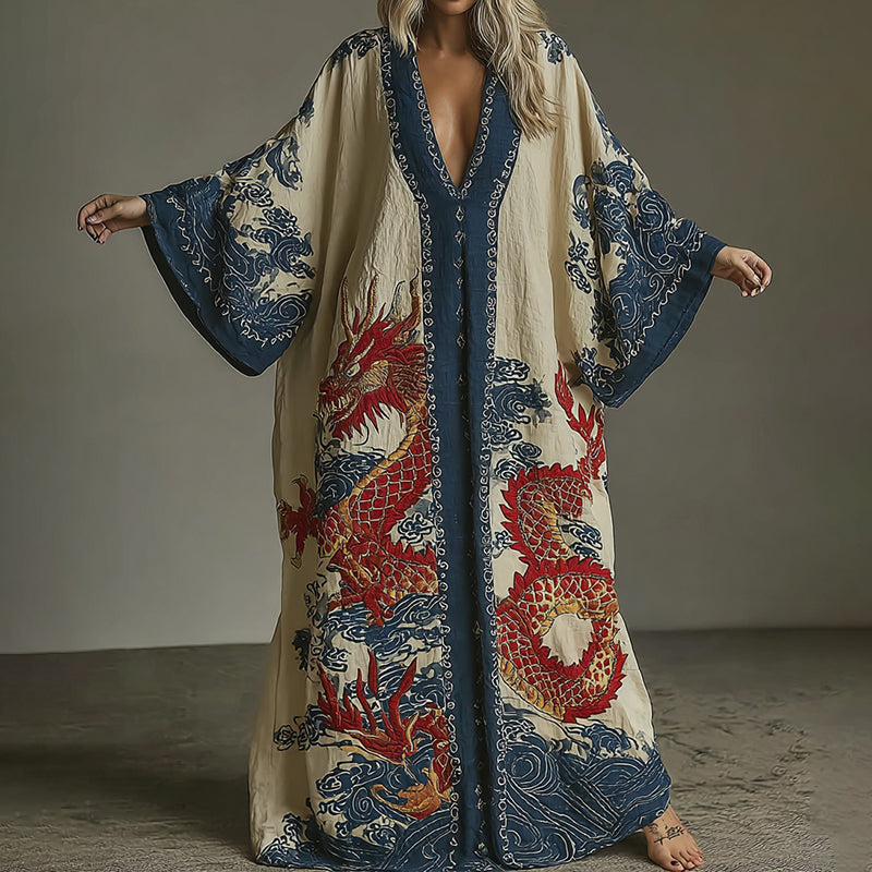 Women's Japanese Dragon Art V-neck Kaftan elevenforest