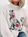 Cat & Floral Embroidery Cozy Turtleneck Sweater elevenforest