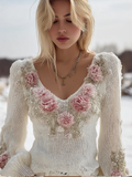 Bohemian Style Winter Rose Women's V-neck Knitted Sweater elevenforest