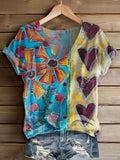 Women's Floral Heart Color Clash Art Print V-Neck T-Shirt
