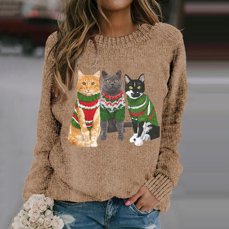 Comstylish Christmas Cat Print Cozy Knit Sweater
