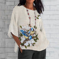 Women's Apricot Blossom And Kingfisher Embroidery Art  Loose Crew Neck Tops elevenforest