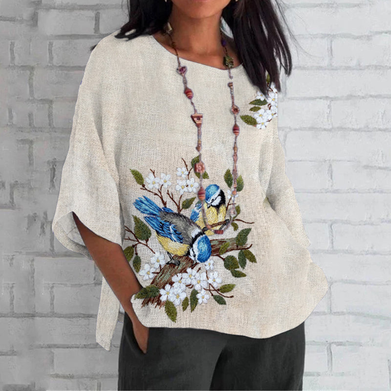 Women's Apricot Blossom And Kingfisher Embroidery Art  Loose Crew Neck Tops elevenforest