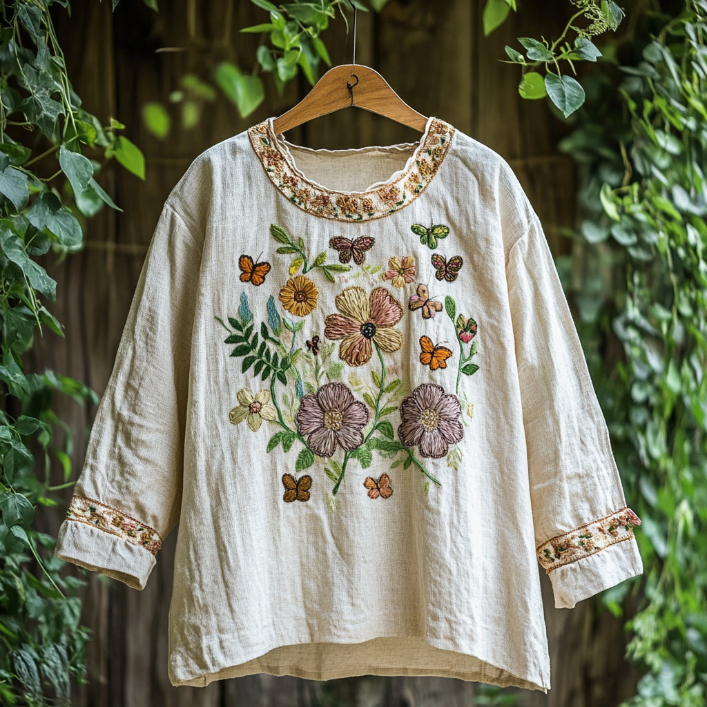 Retro Bohemian Floral Embroidery Art Print Cotton And Linen Blend Loose Blouse elevenforest