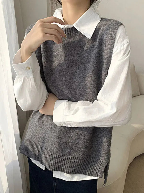 High-low Loose Color Split-joint Split-side Round-neck Knitwear Vest Top