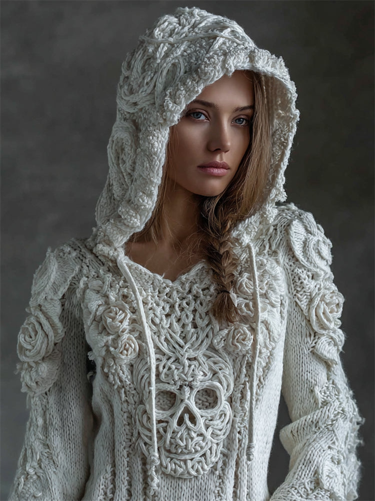 Comstylish Vintage White Roses Viking Celtic Skull Hooded Cozy Knit Sweater