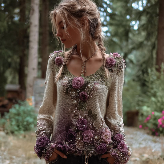 Bohemian Style Round Neck Long Sleeve 3d Purple Flower Design Women's Sweater