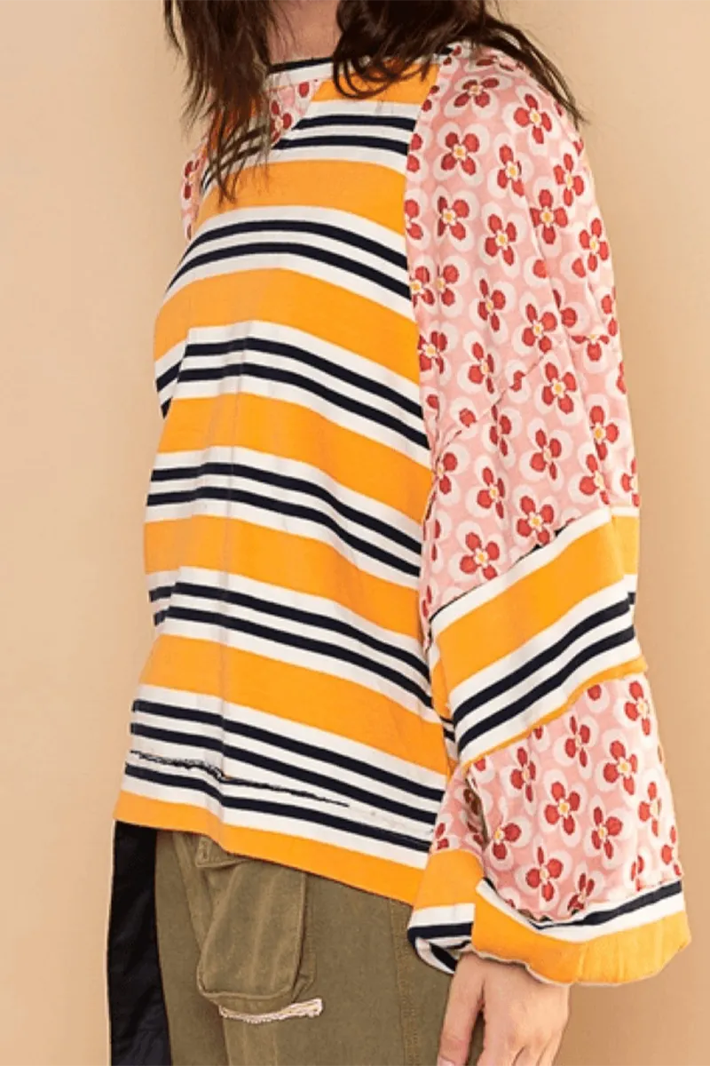 Striped Print Flowers Contrast O Neck Hoodies(6 Colors)