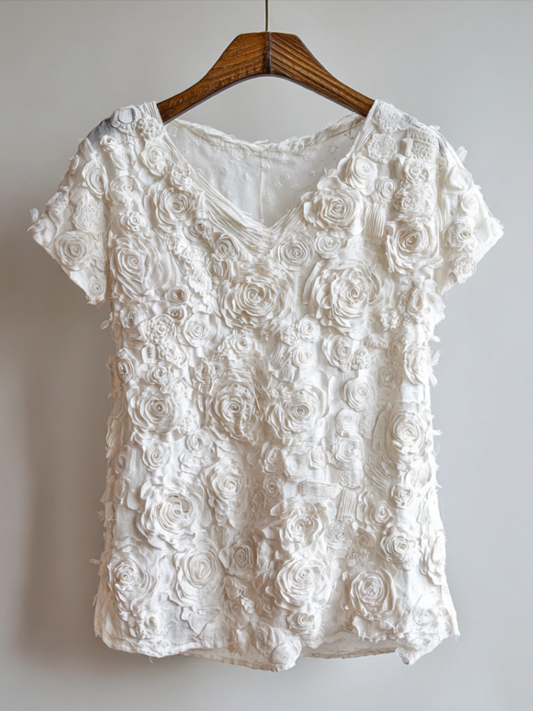 Bohemian Style White Rose Embossed Embroidery Women's Cotton And Linen T-shirt elevenforest