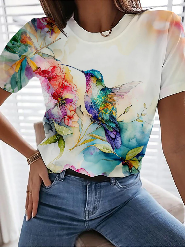 Comstylish Hummingbird Flower Print Casual T-shirt