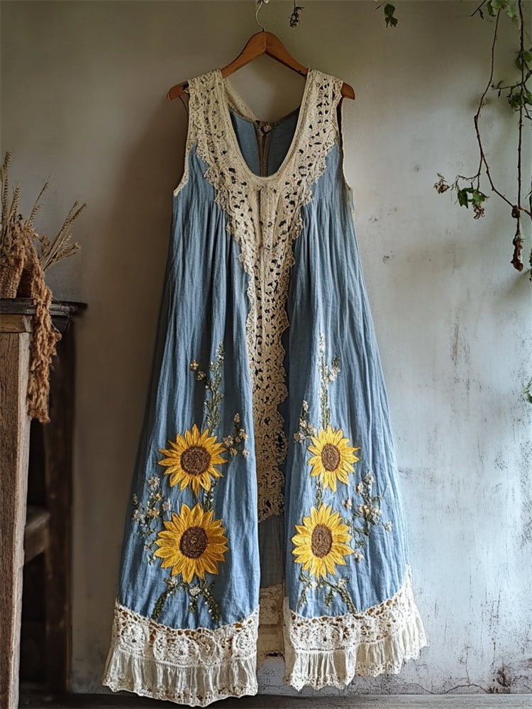 Boho Sunflowers Embroidered Lace Patchwork Linen Dress elevenforest
