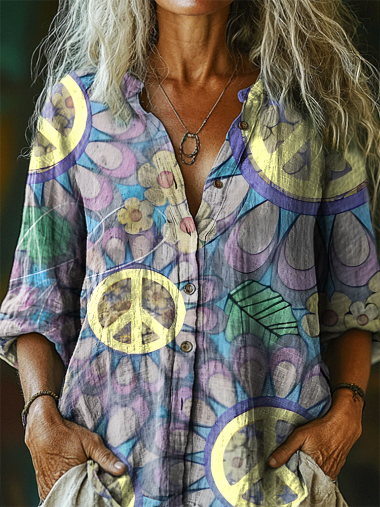 Women's Floral Hippie Pattern Art Print Linen Cotton Casual Shirt