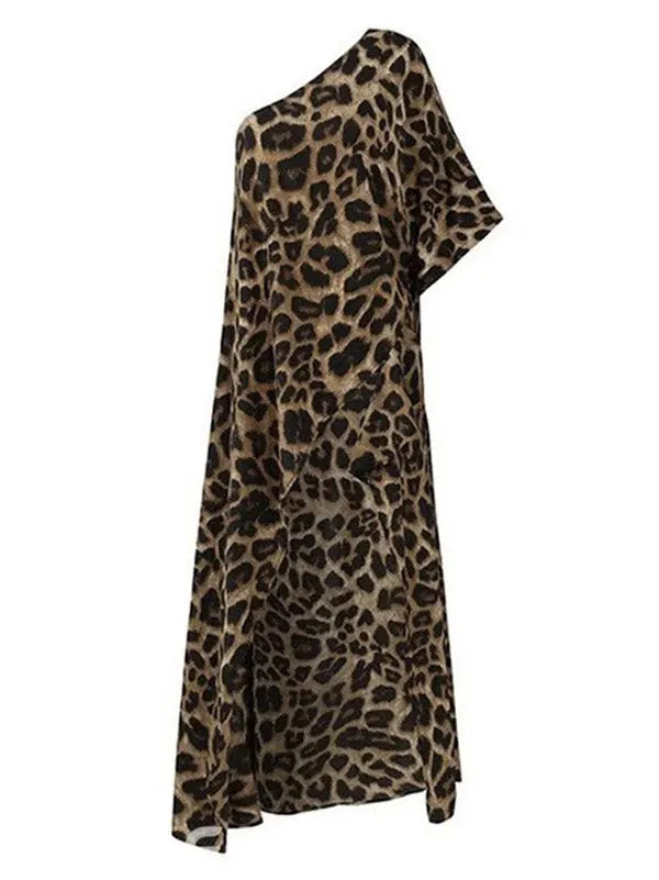 Stylish Leopard Printed Asymmetric One-shoulder Loose T-shirt Tops