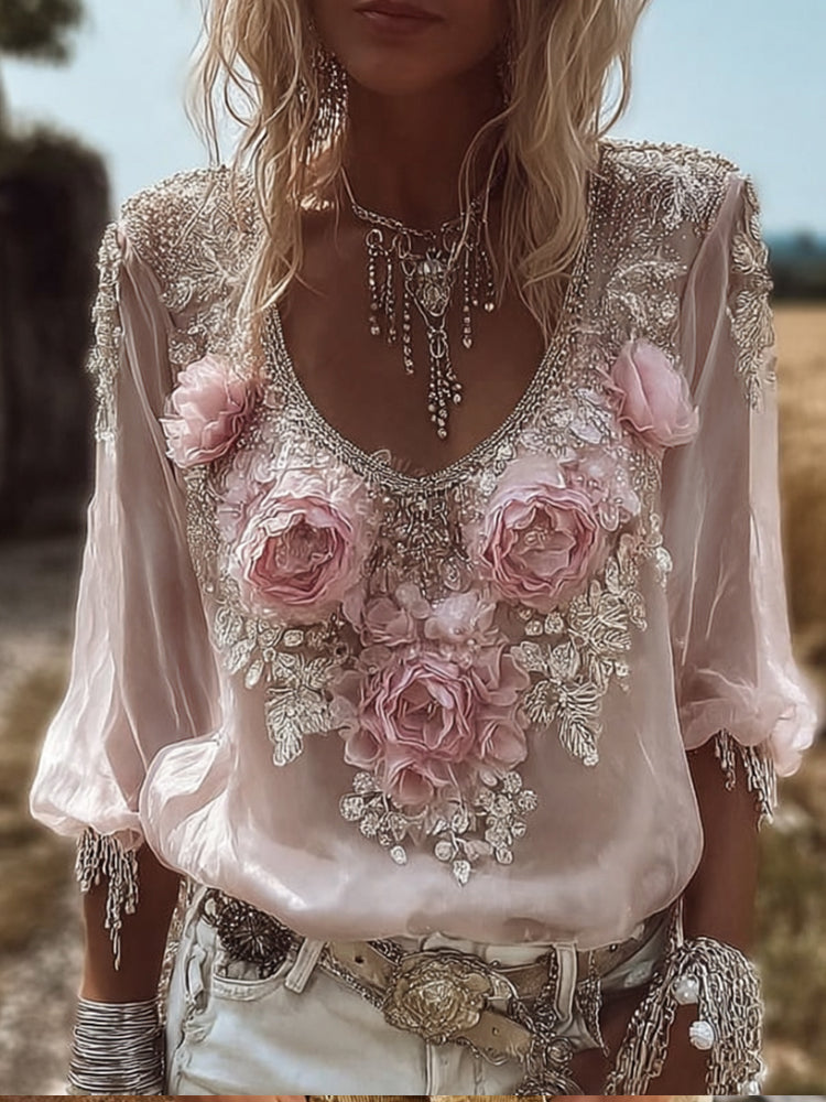 Women's Three-dimensional Floral Vintage Casual Long-sleeved Top elevenforest